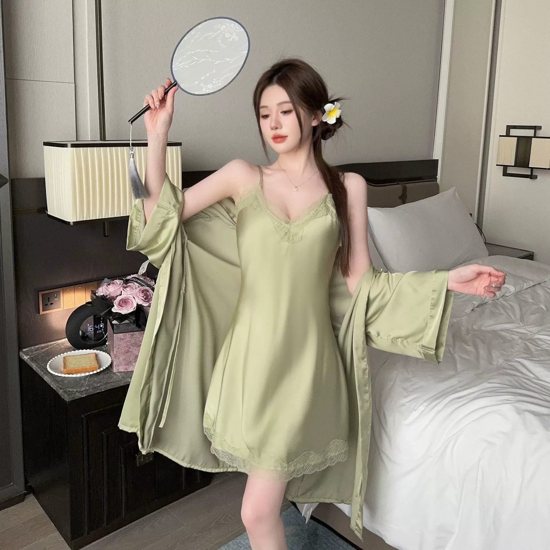 

Sexy Lace Suspender Nightgown Twinset Robe Set Female Bathrobe Gown Spring Summer Intimate Lingerie Satin Homewear