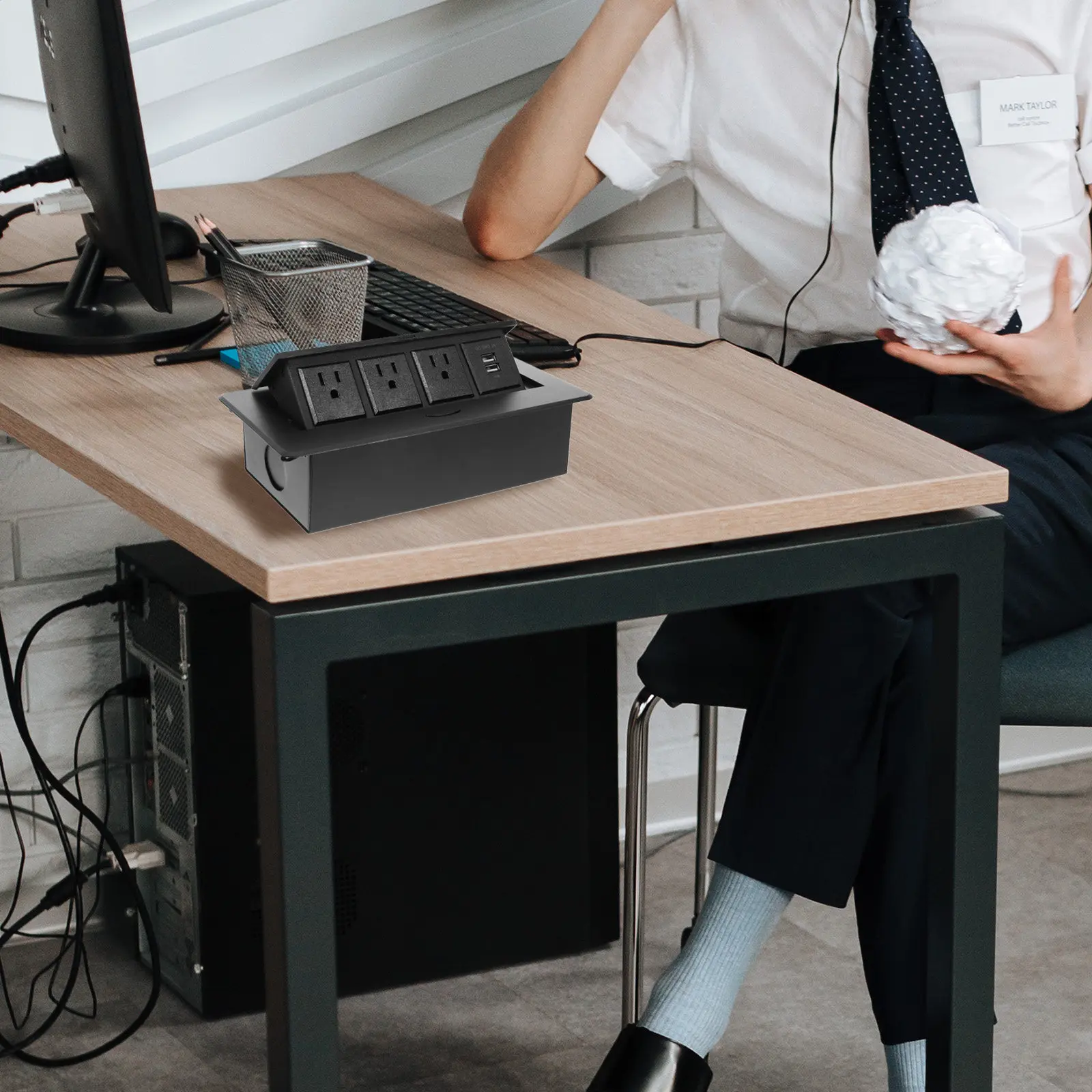 Us Standard Desktop Charging Socket 3 Outlets Dual USB Ports Space-Saving Power Strip Office Conference Use Desktop Socket