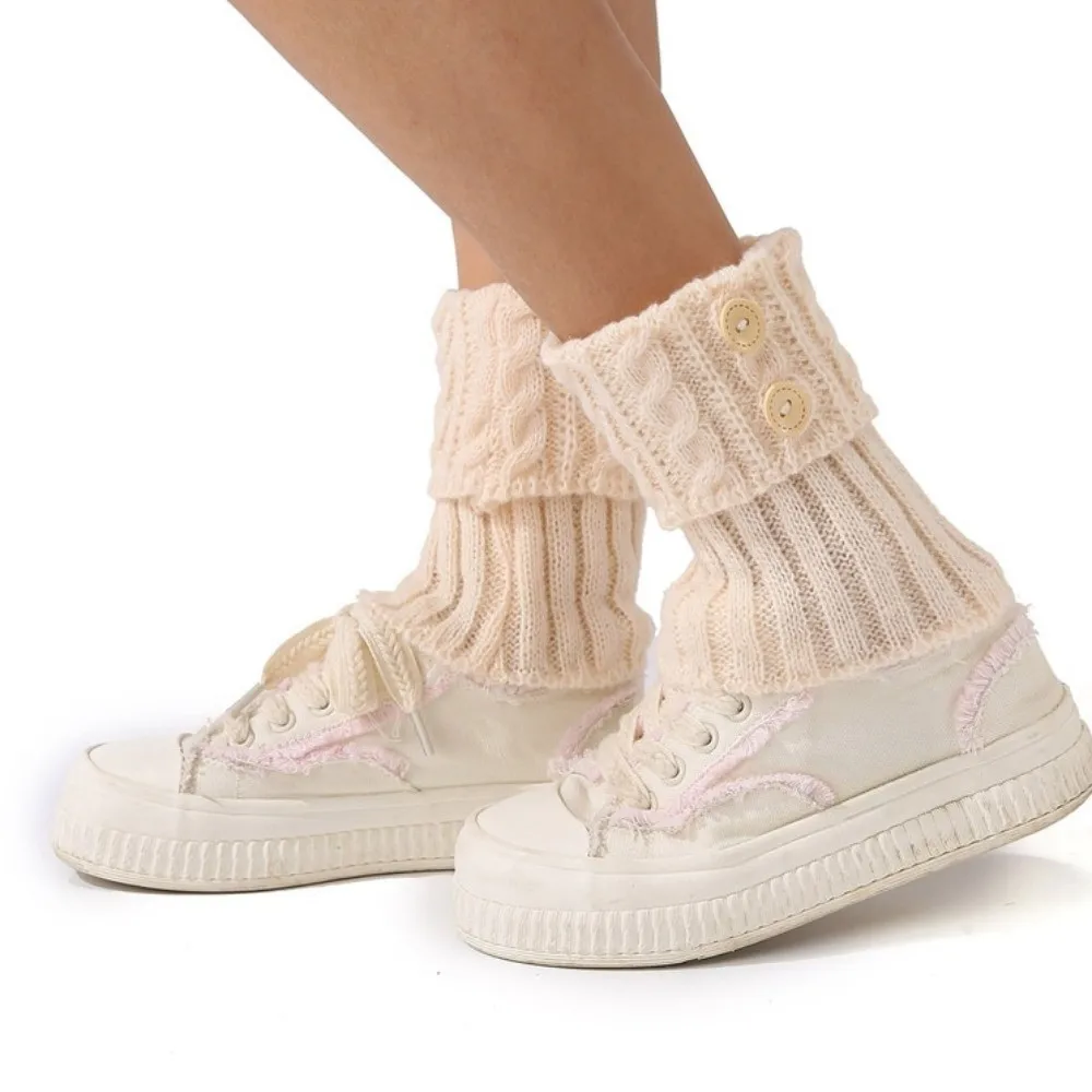 Cozy Crochet Knitted Boot Sock Sleeves Cable Knit Foot Cover Leg Warmers Solid Color Soft Turned-up Button Socks Streetwear