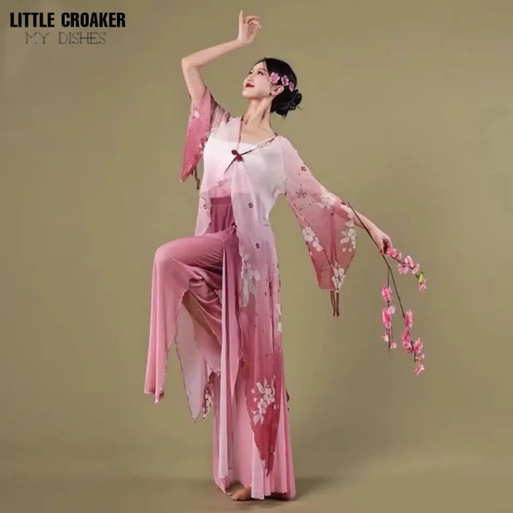 Classical Dance Body Rhyme Yarn Women's Long Flowing Performance Costume Gradual Printing Chinese Folk Dance Practice Clothes