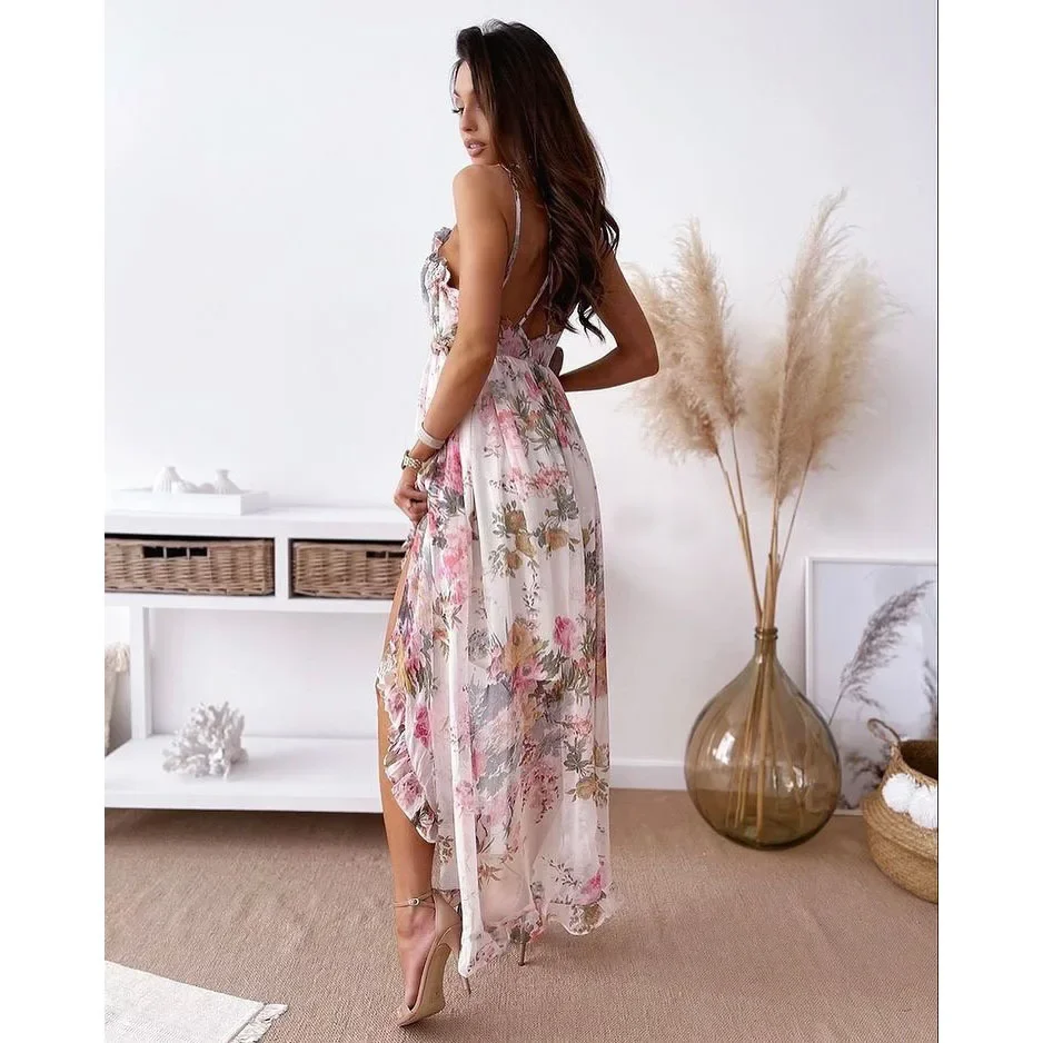 BWQ Sexy V Neck Retro Print Women Chiffon Dress Elegant Backless Summer Maxi Dress Women Sleeveless Beach Style Dress Vestidos view 4