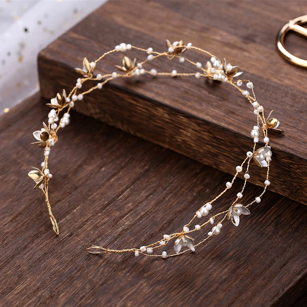 Forseven Flower Headbands Wedding Hair Accessories For Women Pearl Golden Beaded Hairbands Tiaras Bridal Gift Party Hair Jewelry