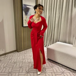 Thinyfull 2025 Sexy Prom Evening Dresses Red Long Sleeve Satin Night Party Dress Mermaid Floor Length Cocktail Gown Saudi Arabia