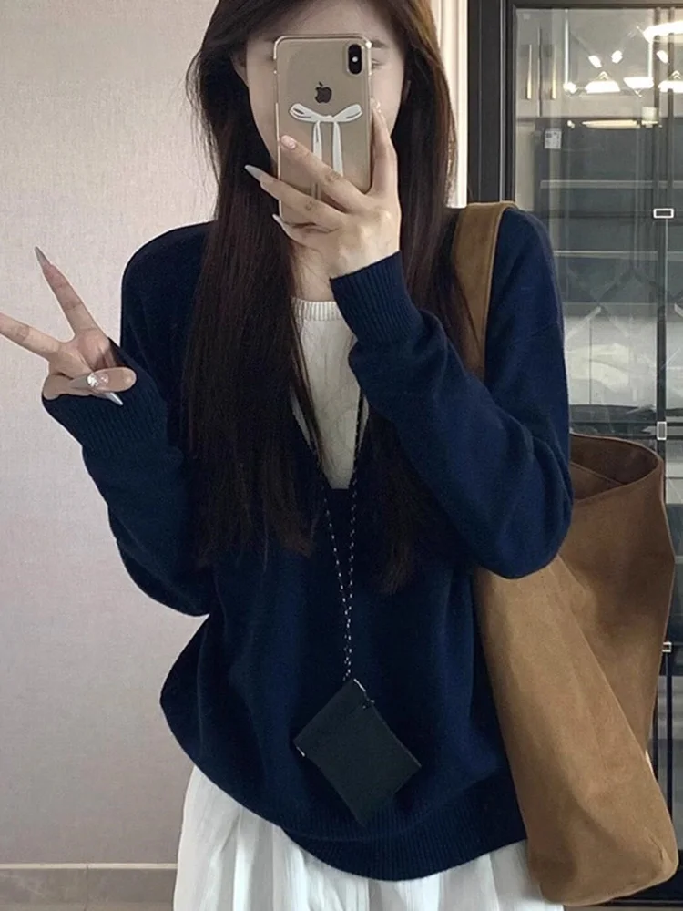 

Y2K свитер с v-образным вырезом, женский искусственный свободный вязаный топ из двух предметов с длинными рукавами, весна-осень, мягкий липкий