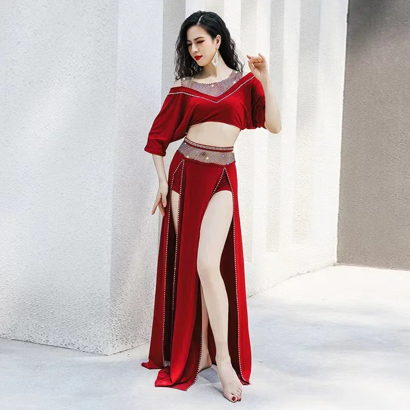 Abiti da allenamento per la danza del ventre femminile, abiti da allenamento per la danza del ventre, moda orientale, nappa con bordo caldo