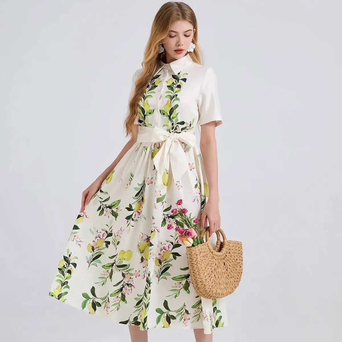 ฤดูร้อน Leaf พิมพ์เสื้อผู้หญิงวินเทจสูงเอวแขนสั้น A-Line ชุดราตรีชุดสุภาพสตรีชุดลําลองยาว Robe