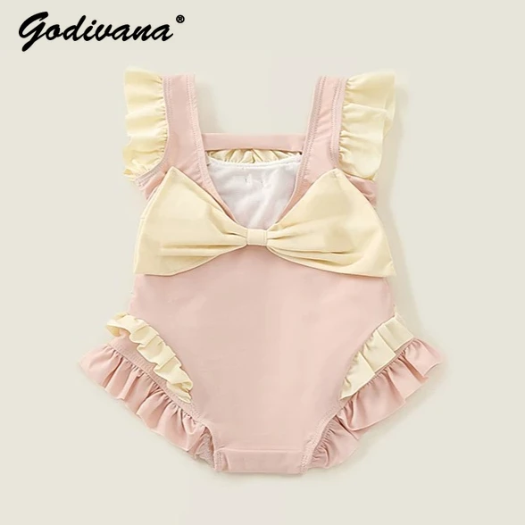 Sweet Baby Girls Summer 2026 New Quick Dry One Piece Swimwear Kids Fashion Ruffle Trim Cute Bow Soft Princess Swimsuit with Cap