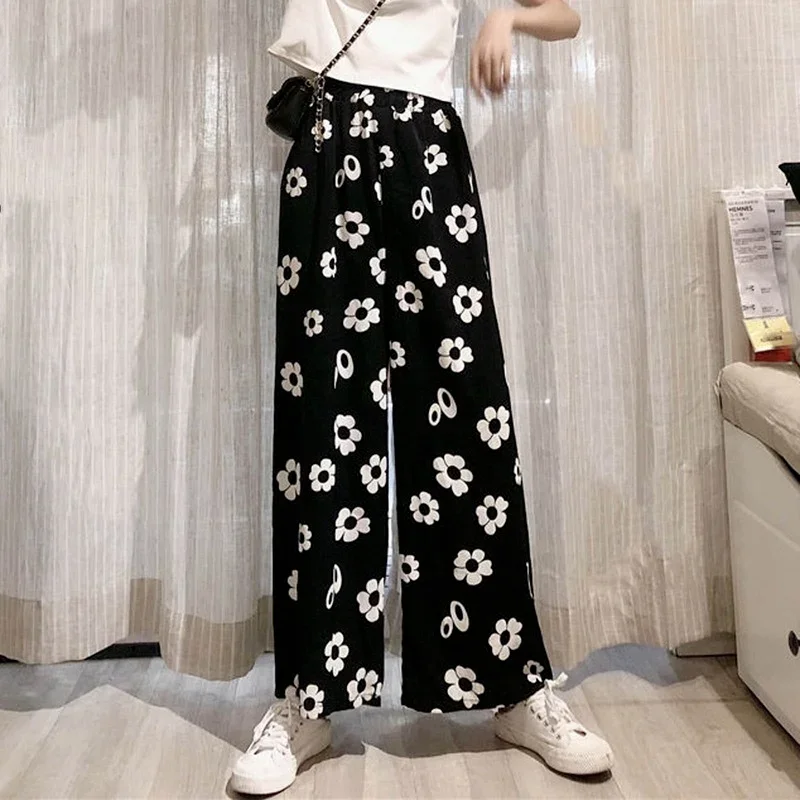 Women High Waist Wide Leg All-match Pants 2024 Floral Print Loose Trousers Fashion Casual Print Loose Lady Long Pant Streetwear