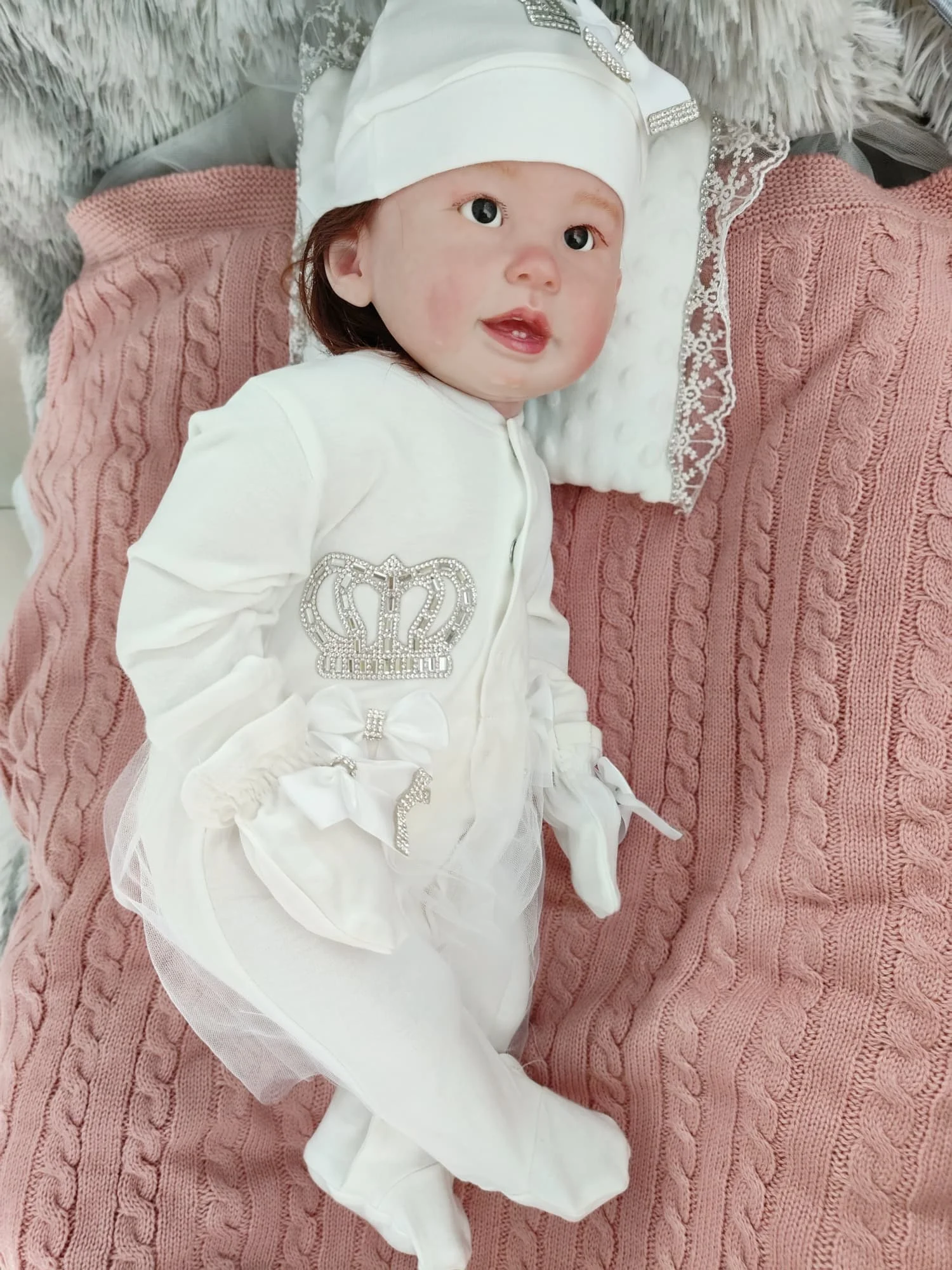 

3PCS Fabulous Skin-friendly Cotton Baby Romper Set Rhinestone Crown Satin Bow Newborn Photography Outfit Prime Quality