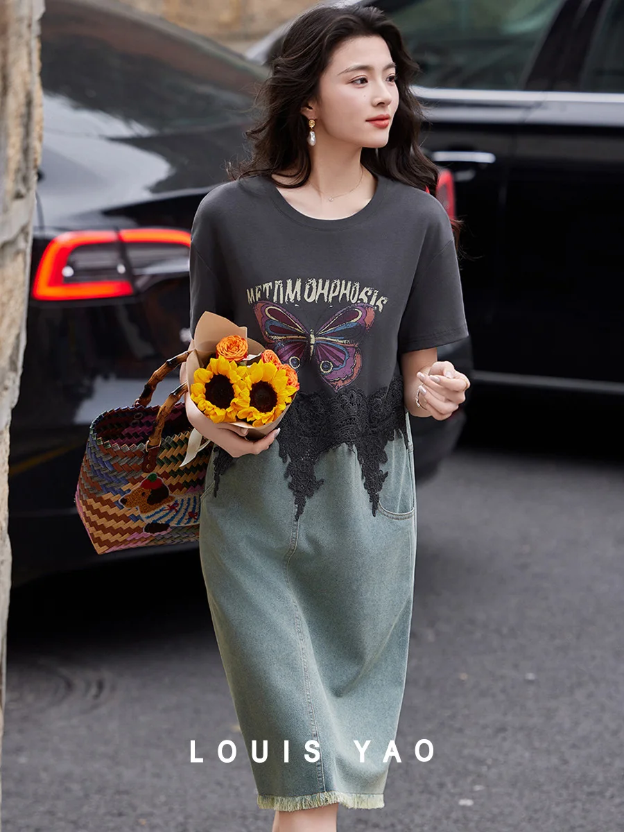 

LOUIS YAO Summer Long Dress 2025 Lace-Patchwork Denim Dress Butterfly Pattern Printed Short Sleeve Women's Loose Long Dress