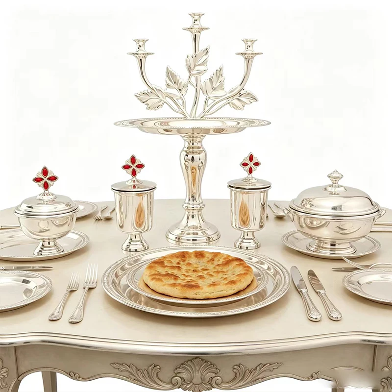Hochwertiges Versilbertes Orthodoxes Christliches Kommunionsset 3-Armiger Kerzenleuchter Ziborium Kelch Liturgische Utensilien für Priester Hol