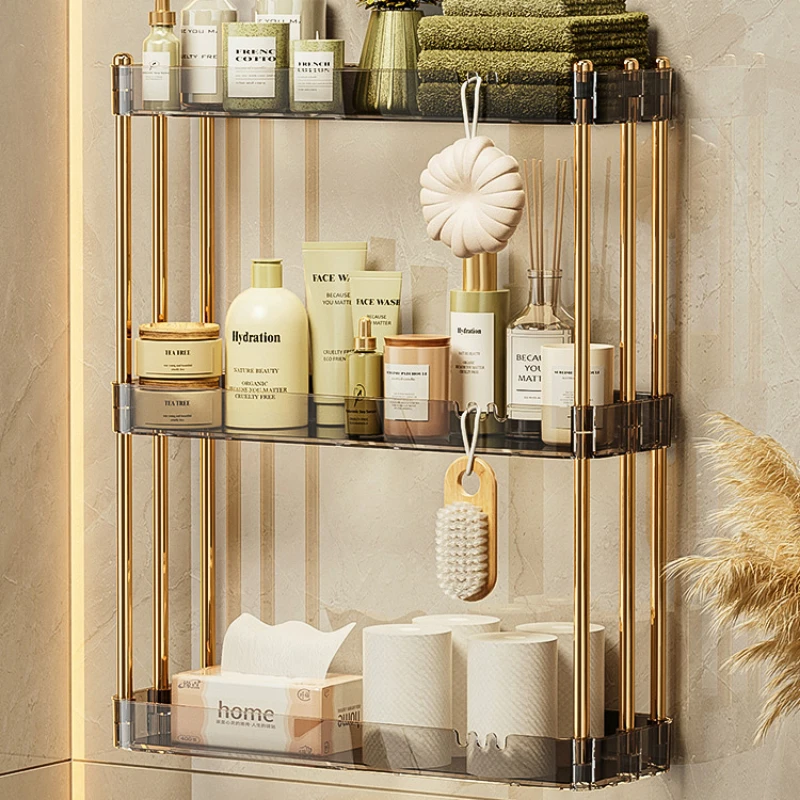 Bathroom Storage Rack Layered Towel Holder Metal Shelves No Punching Holes Wallmounted Bathroom Shelf SpaceSaving Design