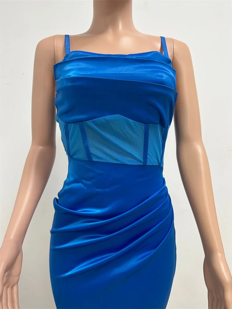 Spaghetti Strap Satin Pleated Women's Prom Skirt High Split Deep-V Neck Party Gown Golden Blue Sleeveless Evening Dress Newest