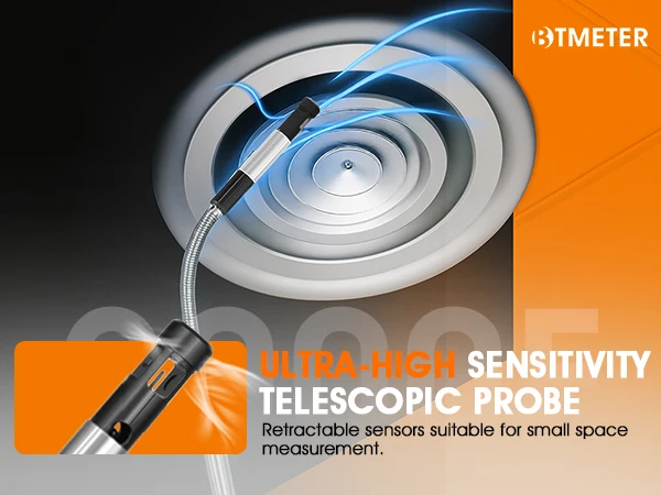 Анемометр HoldPeak BT-9000F с термопарным зондом, измерение скорости ветра 0.1-30 м/с, расход воздуха (CFM/CMM), перезаряжаемый Type-C, ЖК-дисплей с подсветкой