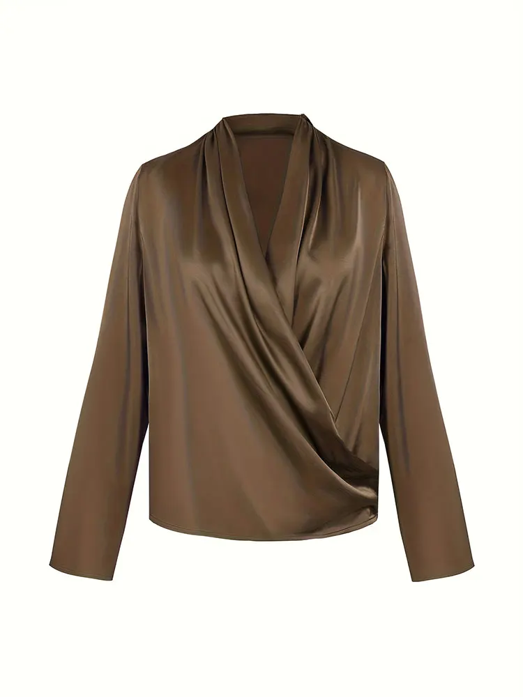 Commuting New Autumn Fashion Long-Sleeved V-Neck Shirt Satin Pleated Top Office Elegant All Match Female Clothing Coffee Blouse