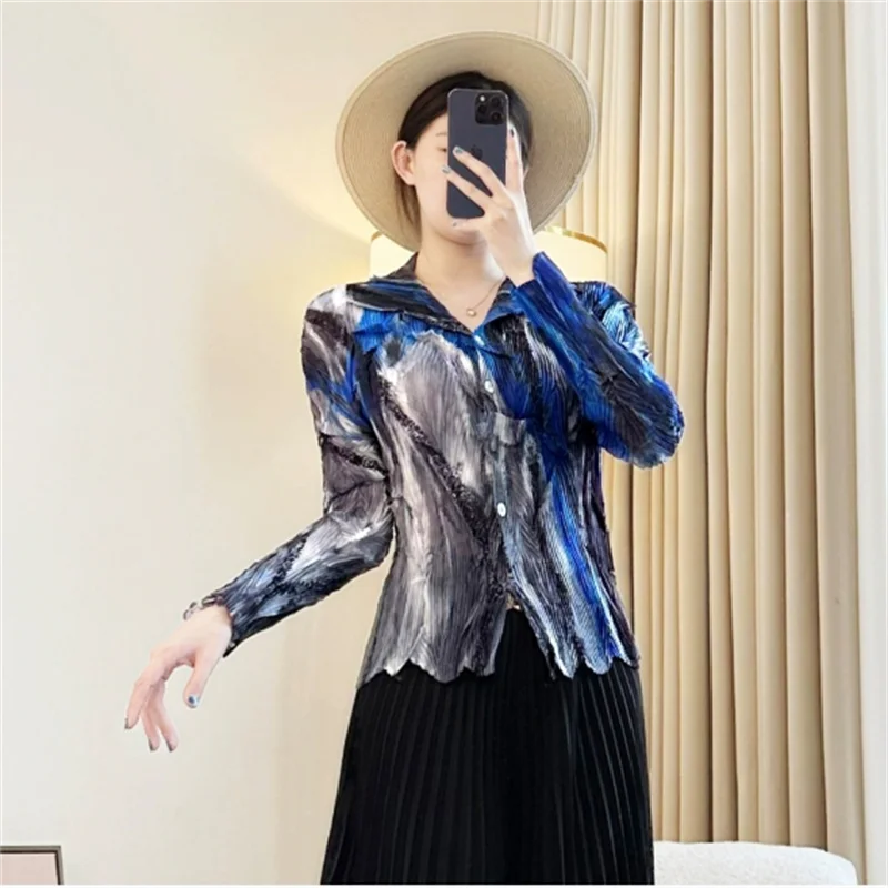 مياكي الأزرق المتخصصة غير النظامية الطباعة المرأة مطوي قميص واحدة الصدر التلبيب مطاطا التخسيس ملابس أنيقة