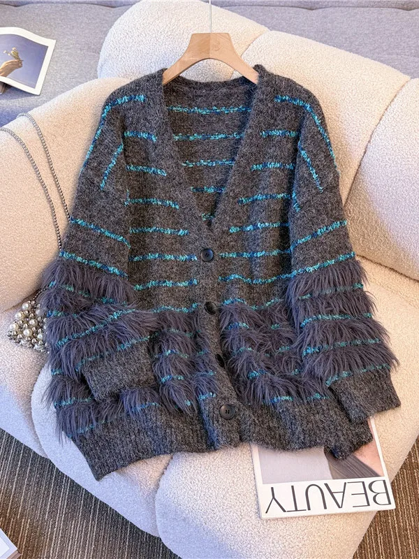 Lu Dzianinowy Sweter-Płaszcz w Paski, Miękki, Wygodny, Dekolt w Serek, Średniej Długości, Zapinany na Jeden Guzik, Jesień-Zima, Nowość, Damski...