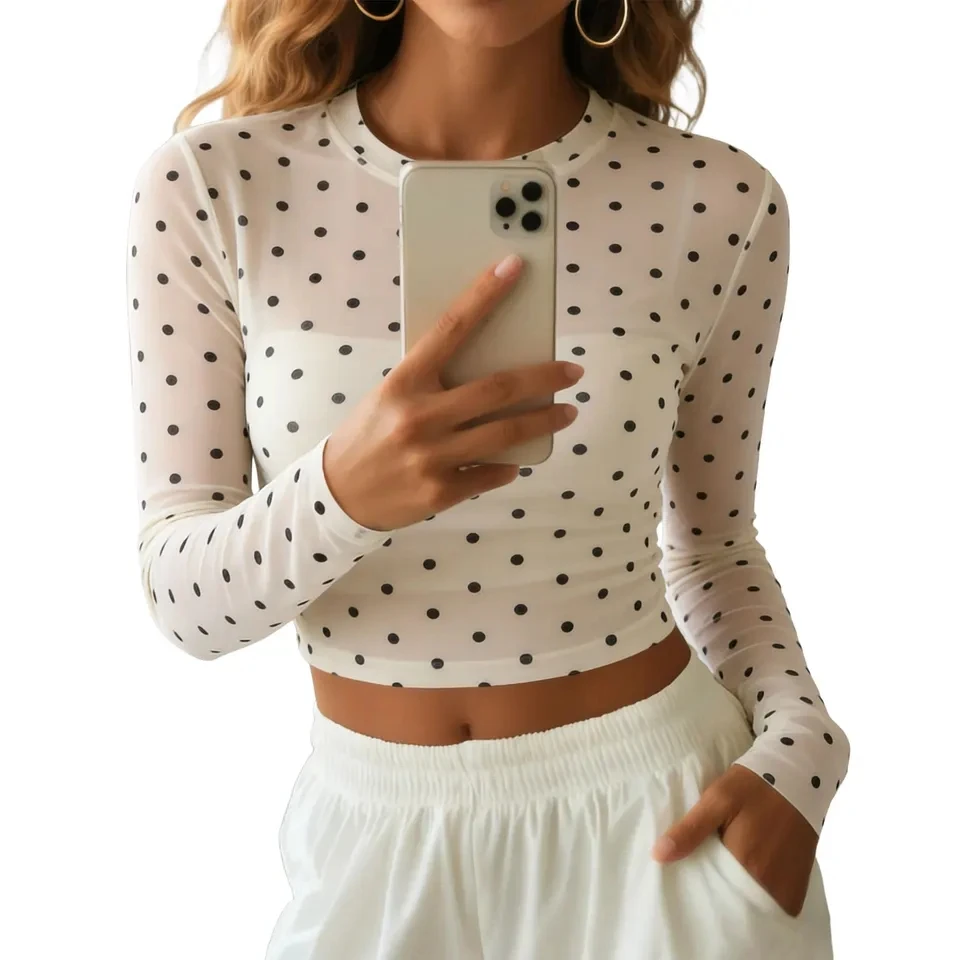 

Sexy Women Sheer Mesh Crop Top Polka Dot Long Sleeve Crew Neck T-Shirt Y2k Clothing Casual Tee Shirts Party Clubwear