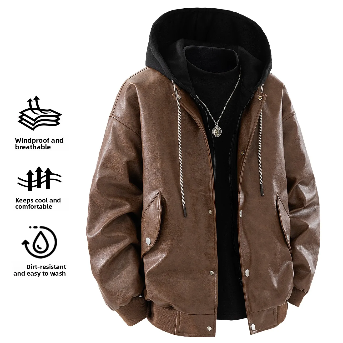 

Retro PU Leather Jaet with Hood Motorcycle Sle American Casual Leather Coat Fake Two-Piece Outerwear Loose Fit Faion Ur...