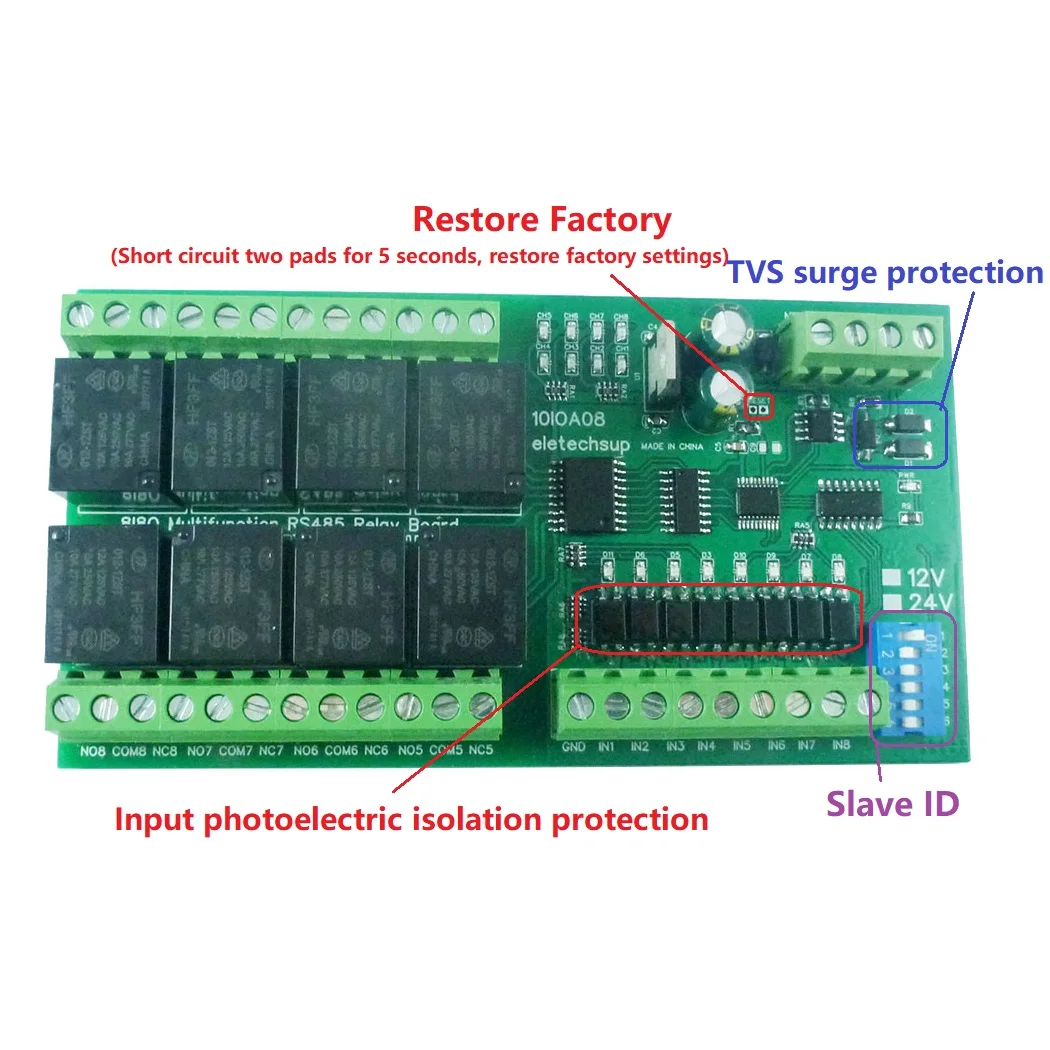 

12V 24V Multifunction RS485 Board Relay IO with and 8 Optically Isolated NPN Inputs