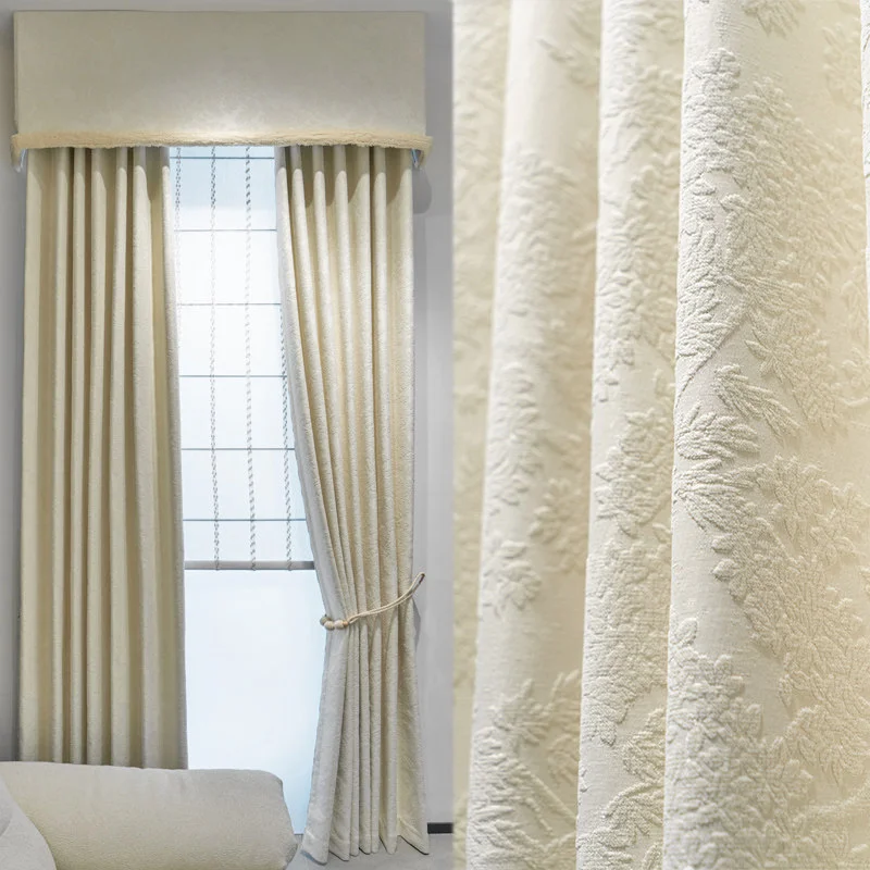 High-end Cream Embossed Jacquard Thickened Blackout Curtains for Living Room Bedroom Balcony French Window Customized Valance