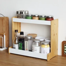 Kitchen Storage Rack Non-perforated Aluminum Alloy Bamboo Double-layer Seasoning Bottle And Jar Table Top Grocery Rack Desktop