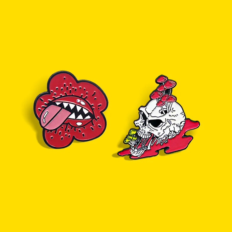 Flower Enamel Pins Mushroom Skeleton Head Red Flower Long tongue Lapel Badges Brooches Jewelry Friends Bijoux Skull Big Mouth