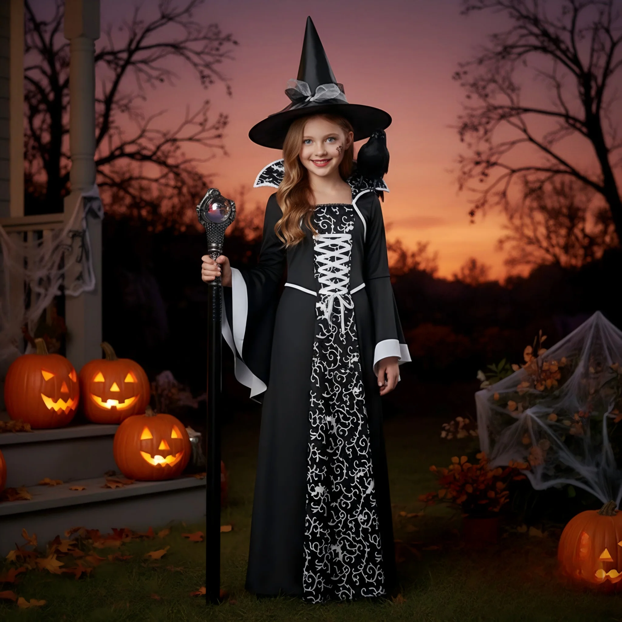 Kids Halloween Vampire Witch Long Gown Flare Sleeve Dress Girls Carnival Masquerade Trick Or Treat Cosplay Party Costume