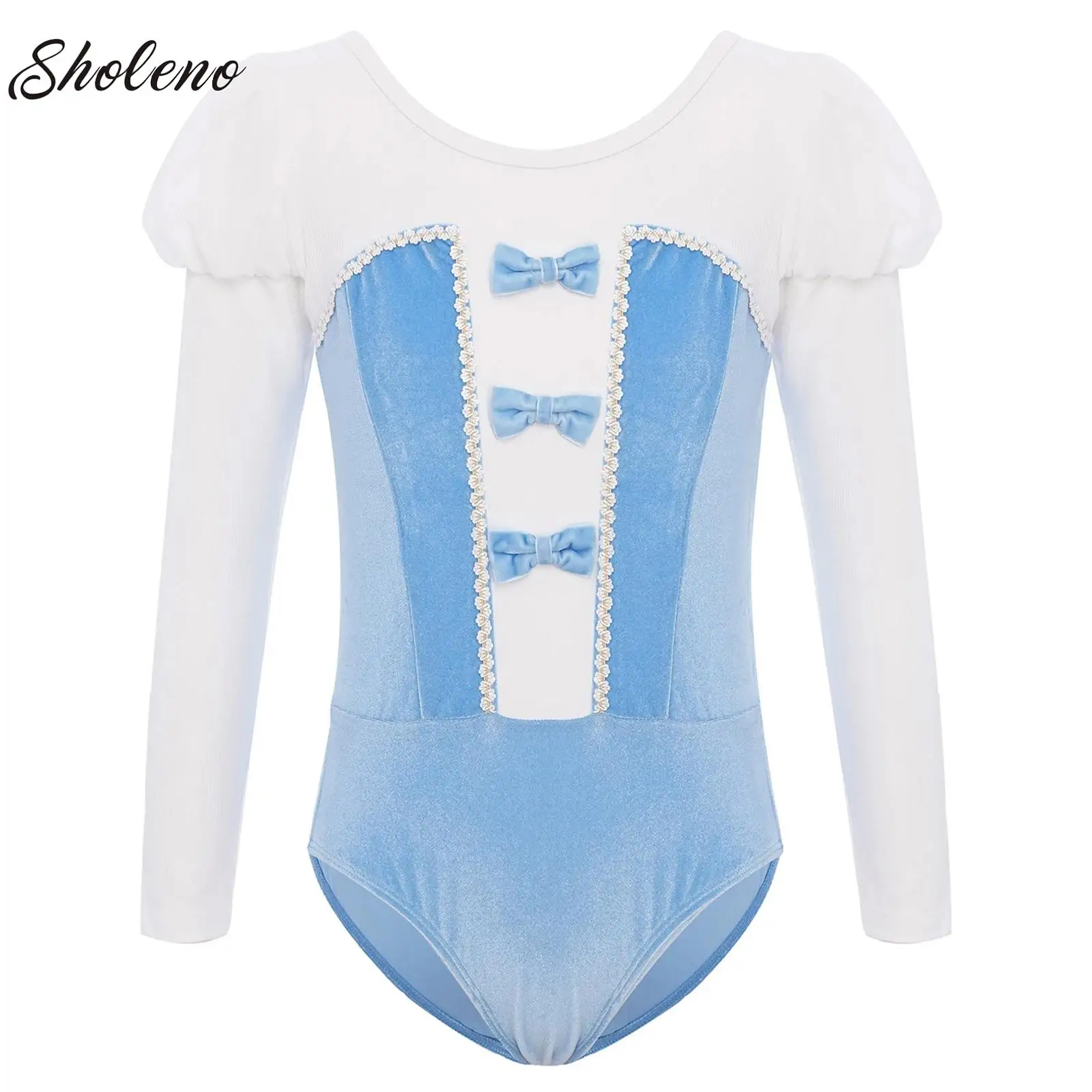

Kids Bowknot Ballet Dance Leotard Girls Gymnastics Leotard Puff Long Sleeves Velvet Ballerina Dance Stage Performance Costume