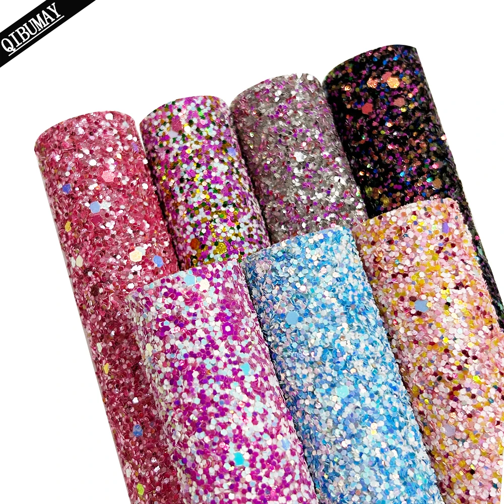 QIBU 22x30cm Colorful Chunky Glitter Fabric Shiny Sequin Faux Leather sheets for Crafts Decor DIY Hairbow Wall Paper Accessories