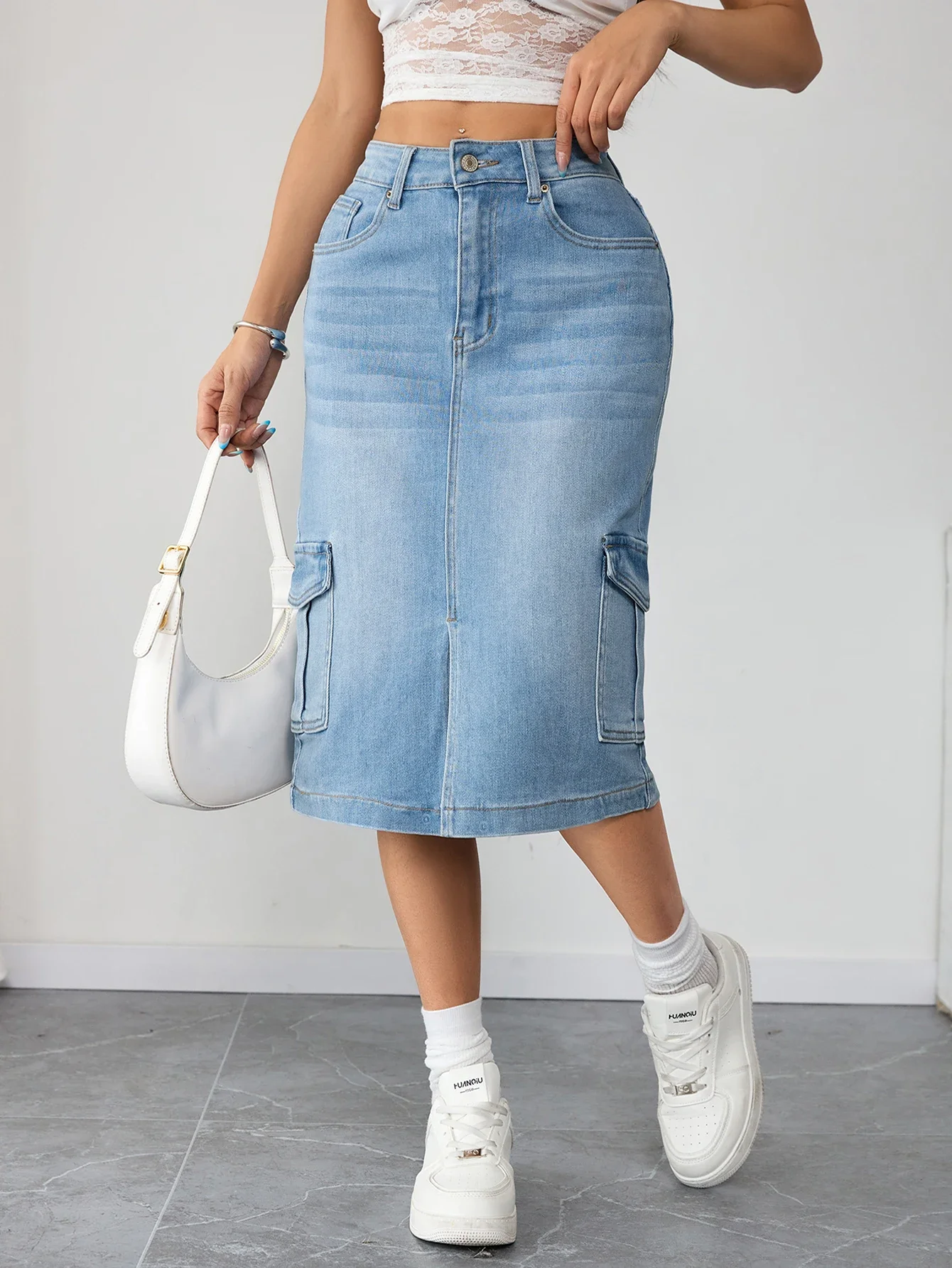 스타일리시 여성 데님 미디 스커트 하이 웨이스트 슬림 카고 진 스커트 여성 패션 팬츠 대안