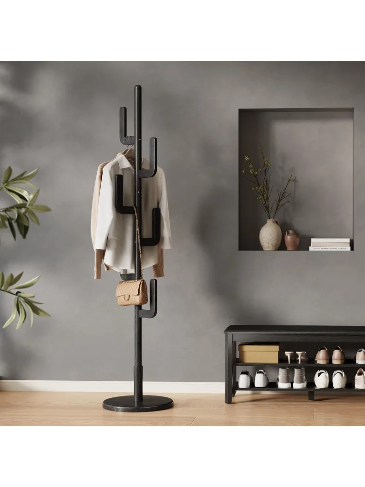 Coat Rack, Solid Wood Cactus Coat Rack Stand, Freestanding Coat Rack with 6 L-shaped Hooks and 3 Adjustable Sizes