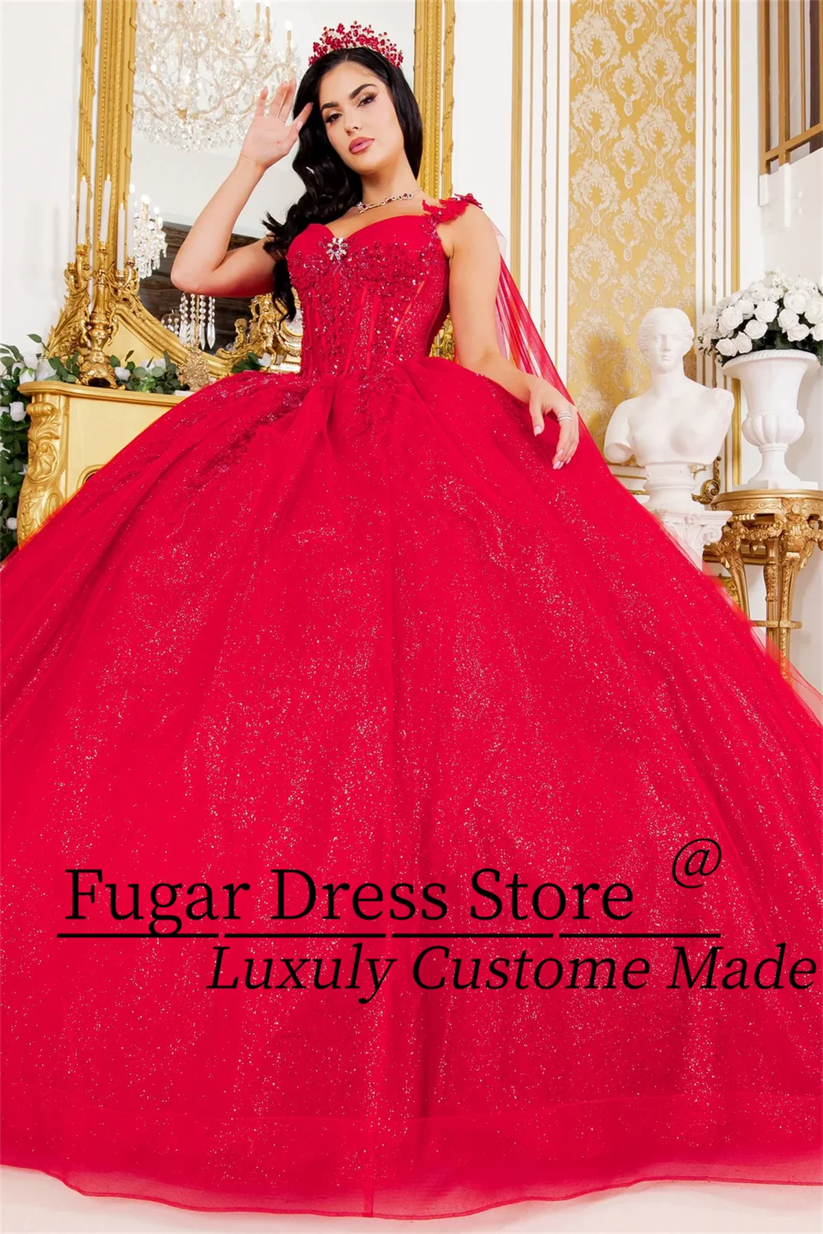 French style Red Princess Quinceanera Dresses Sparkling3Dbutterfly decal Long off shoulder cape sleeve dress vestidos para niñas