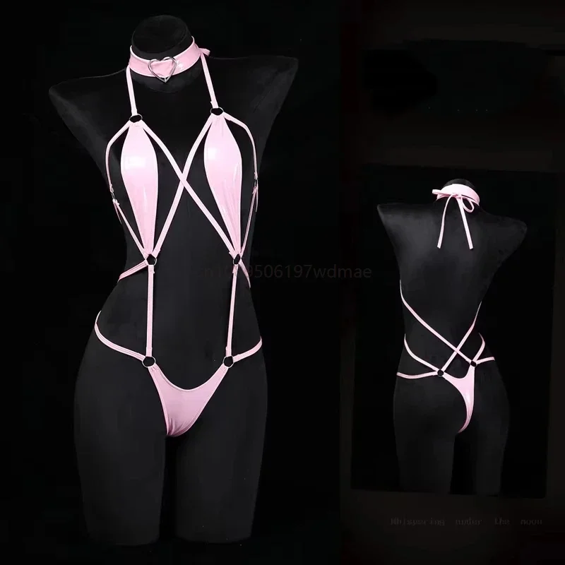 

Women Anime Cosplay Halter Leather Swimsuit Cross Straps Bandage Jumpsuit Bodysuit Lingerie Costumes Hollow Out Pajamas cosplay