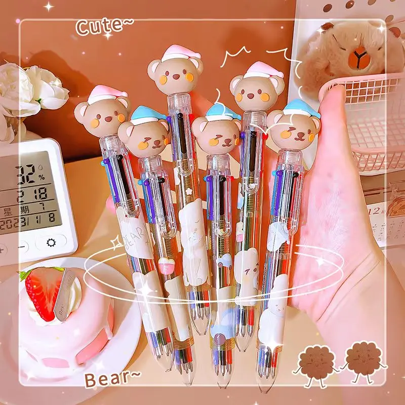 offices accessories kawaii stationery items Color markers back to school acsesories cute bear Ballpoint pen 6 color pen