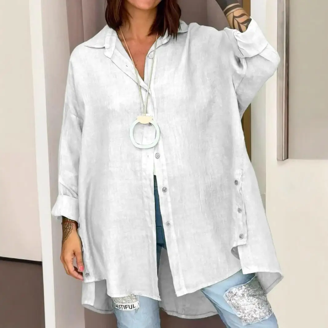 

Women's Cotton Linen irt Nine Quarter Sve Commute Sle Polyester Fabric Regular Thin Pure Color Non-deformable