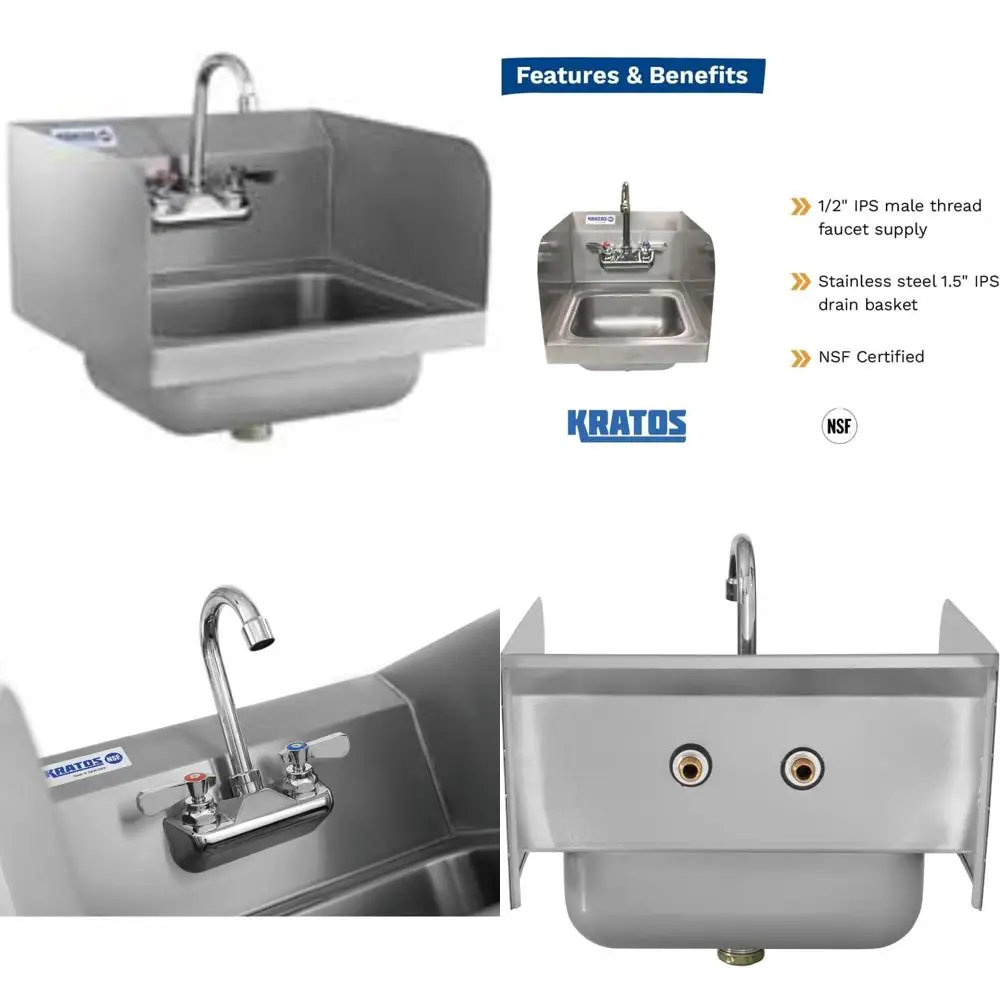 

Stainless Steel Commercial Hand Sink Gooseneck Faucet 9W x 9D x 5H Bowl with Side Splashes, NSF Certified Long Tail Keyword