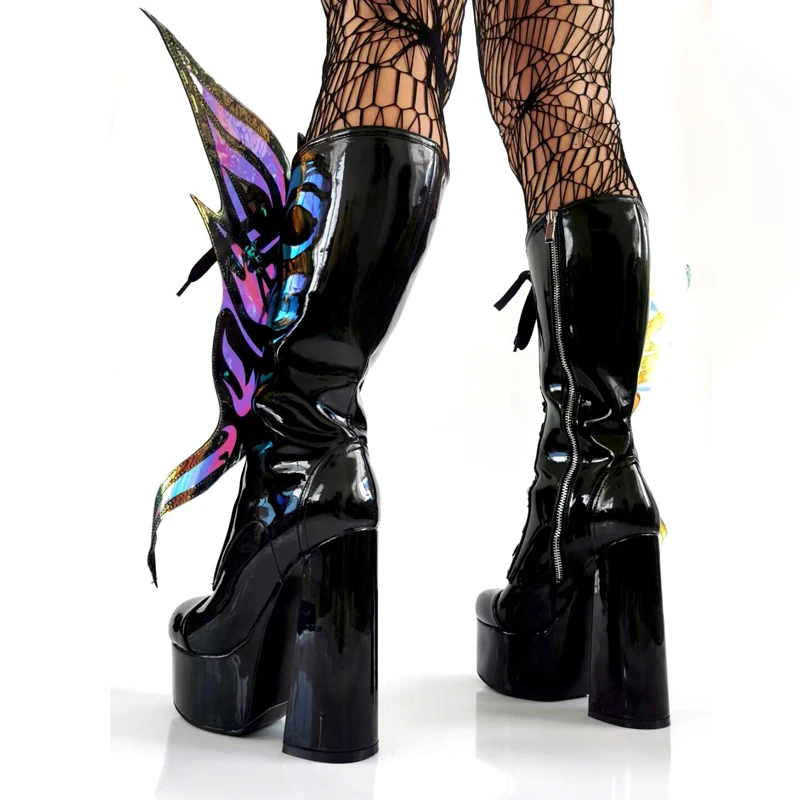 Personal Laser Pvc Butterfly Wings Knee Boots High Platform Block Heels Patent Leather Round Toe Side Wings Stage Woman Boots