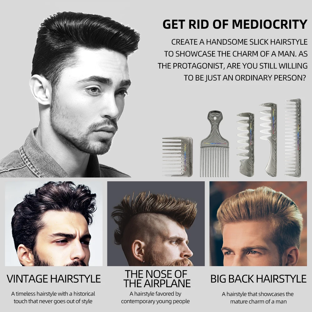 

Retro Oil Head Comb Set For Men With Fluffy Design, Large Back, Textured Styling Comb, Large Toothed Pork Rib Comb