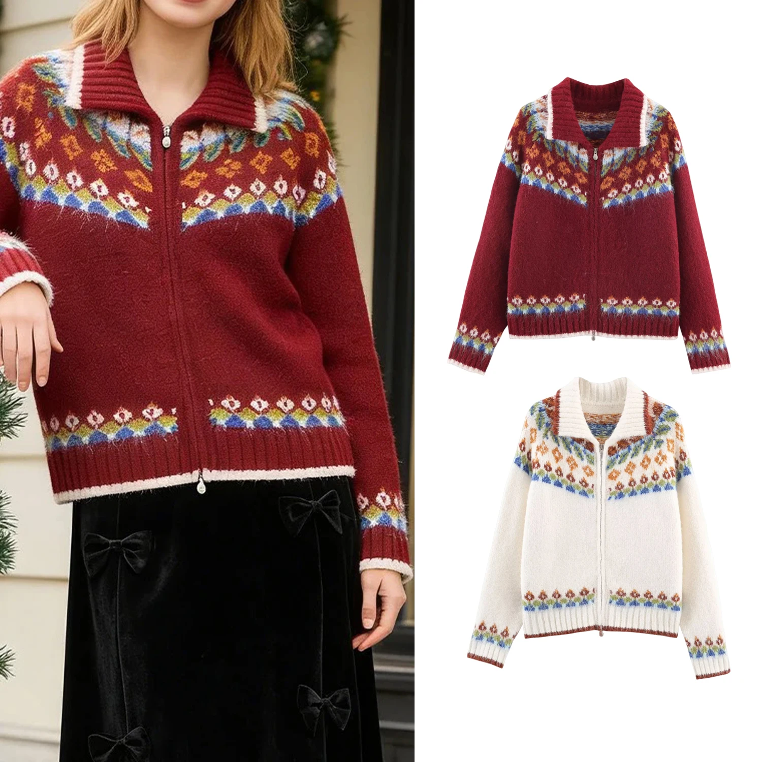 

Women Knited Cardigans Spring Autumn Female Stand Collar Zipper Jacquard Long Sleeved Zipper Cardigan Lady Sweater Jackets