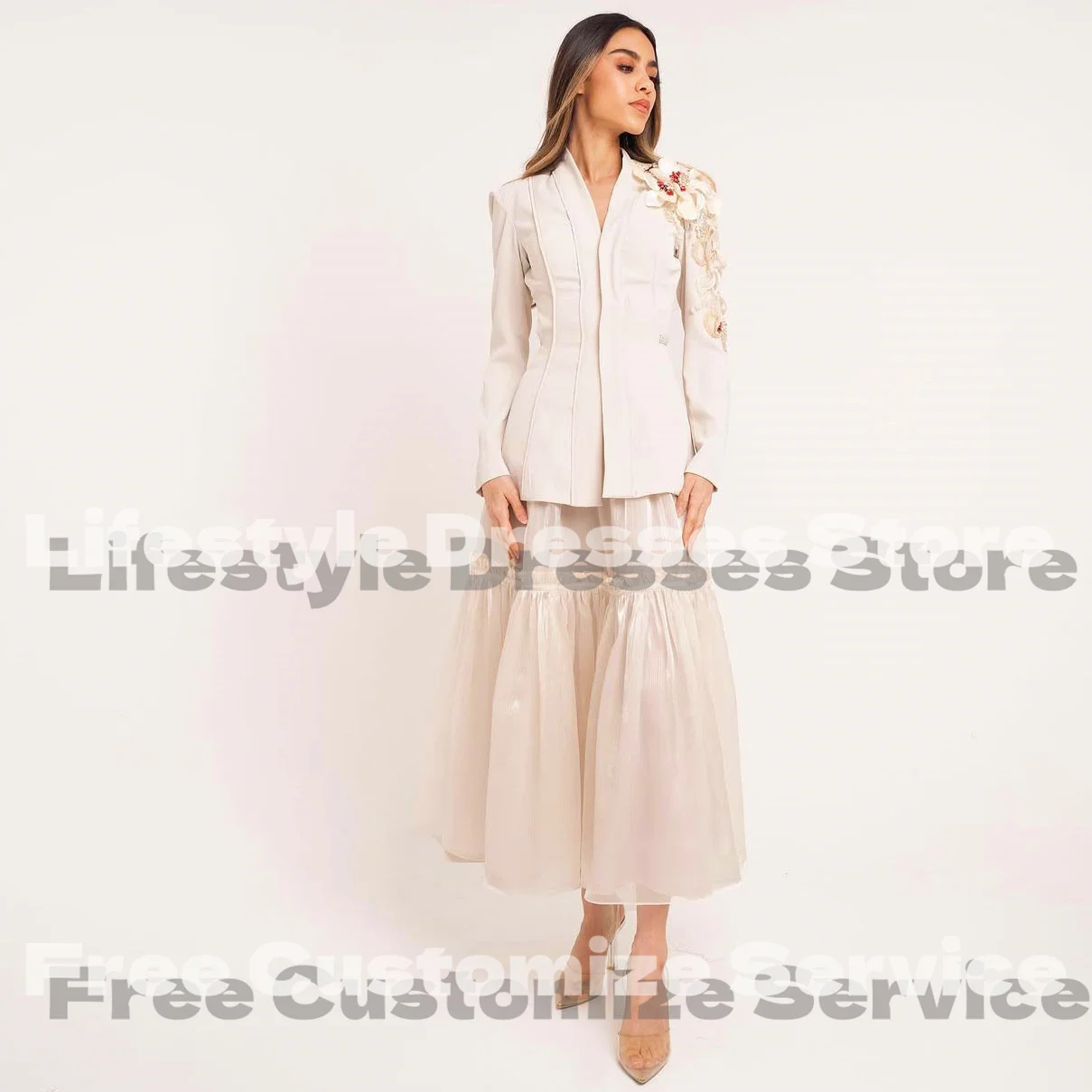 Customized Elegant Luxury Evening Dress Flowers Beaded Long Sleeve A-Line Shiny White Party Dress For Formal Occasion Prom Dress image 4
