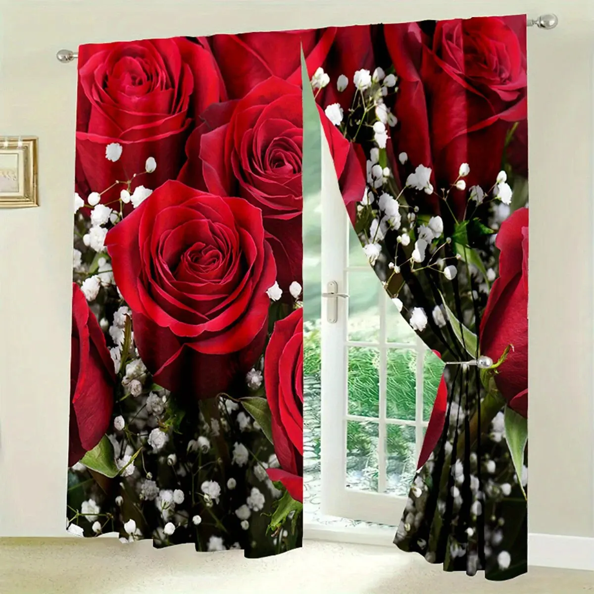 

2 pieces of rose-patterned printed curtains, pole bag curtains, home decoration, room decoration