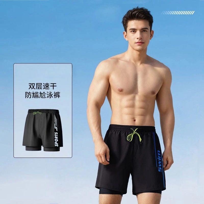 

Men's Swimming Trunks Double-layer Flat-angle Quick-drying Anti-embarrassment Loose 2025 New Beach Pants Large Size Men Swimwear