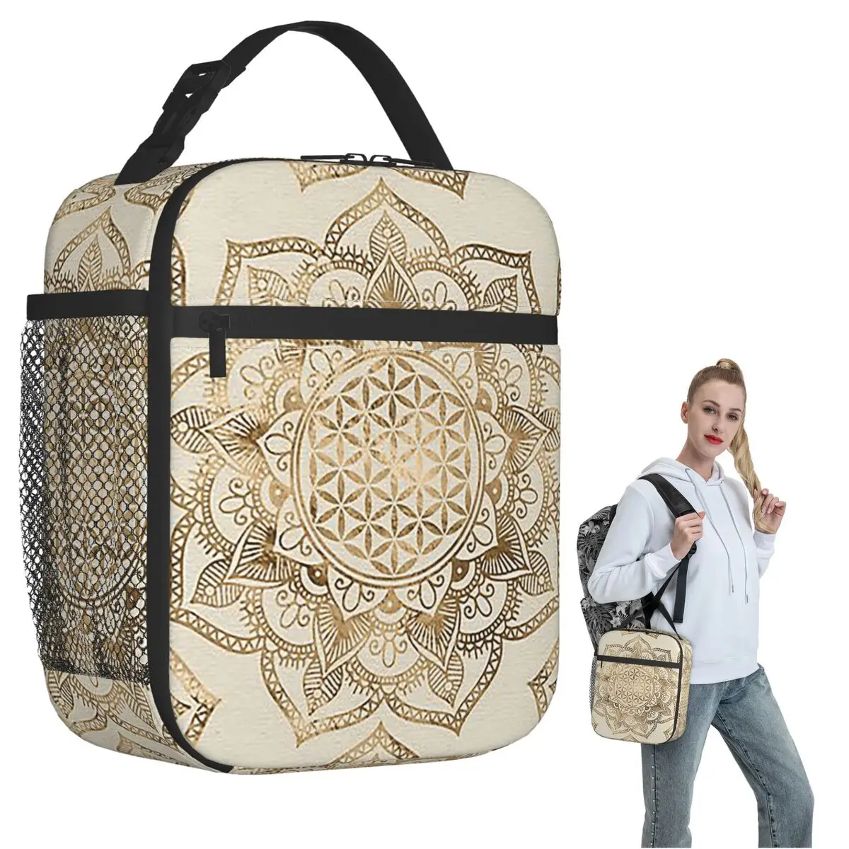 

Flower Of Life In Lotus - Pastel Golds And Canv Insulated Lunch Bag for Women Kids Portable Food Boxes Thermal Lunch Box Tote