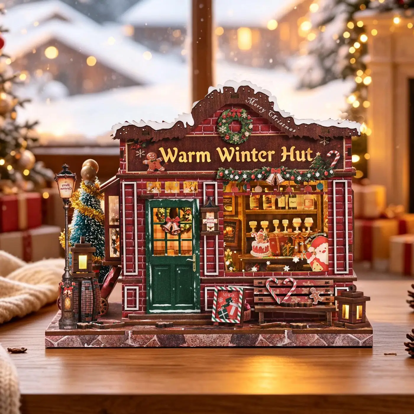 DIY Wooden Toys Christmas Warm Winter Cabin Book Stand With Snowscape Model Assembly Bricks Kit Xmas Handicraft Ornament Gifts