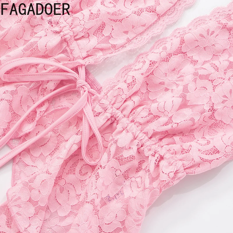 FAGADOER Y2K Sexy Lace Backless Patchwork Tank Top Women Pink Spaghetti Strap Deep V Crop Tops Female Streetwear Clothing New