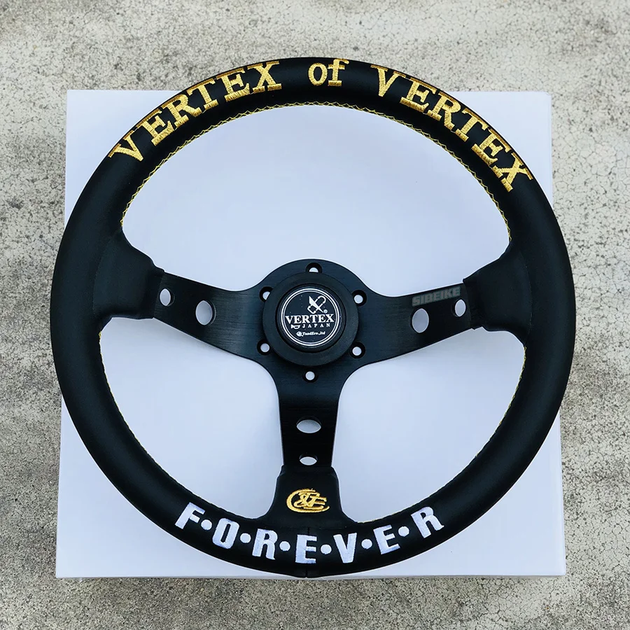 Golden&White Embroidery 13inch Vertex Forever Black Genuine Leather Drift Sport Steering Wheel