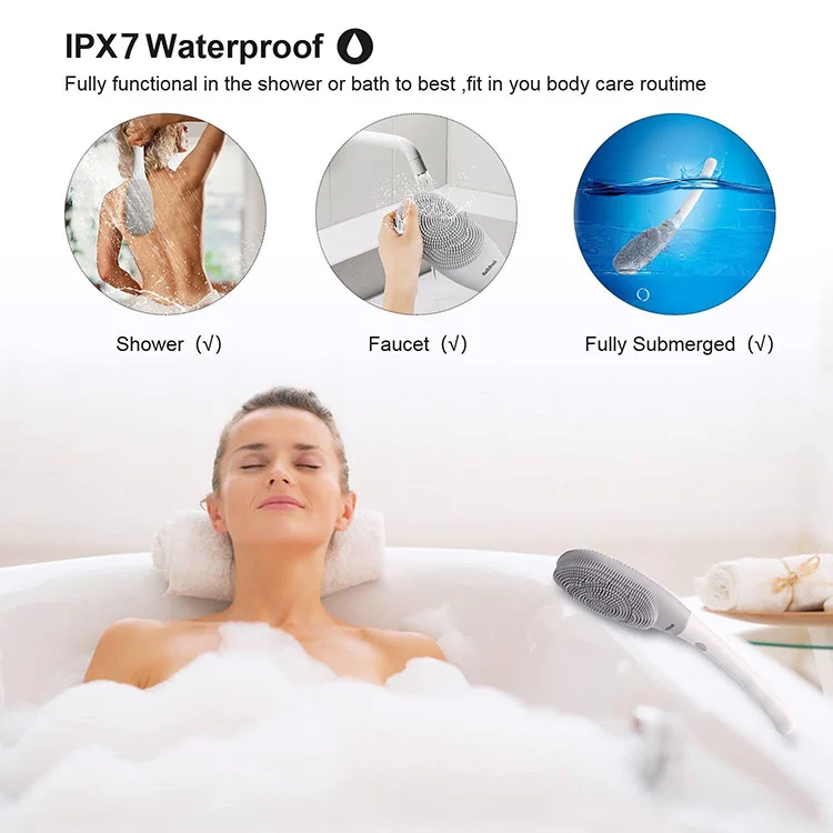 Body Massager Bath Brush IPX7 Rechargeable Waterproof Vibration Electric Silicone Shower Brush with Long Handle
