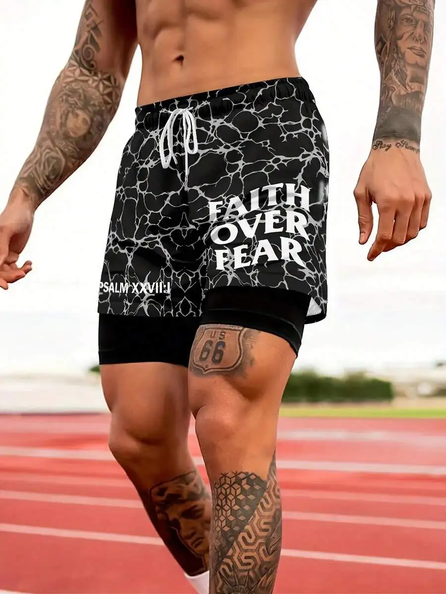 Mens 2-In-1 Printed Shorts Faith Over Fear Quick-Dry Basketball Sportswear Street Style