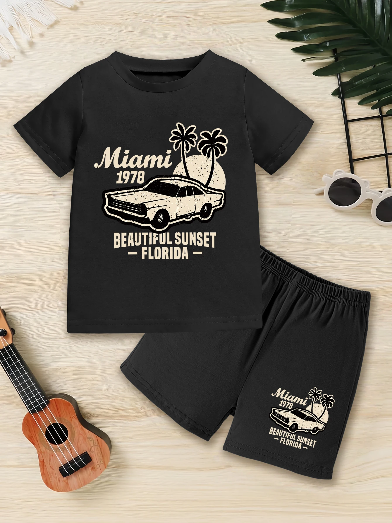 2 pieces: Summer Boys Set Cartoon Vintage Car Print Short Sleeve Shorts Casual Outfit